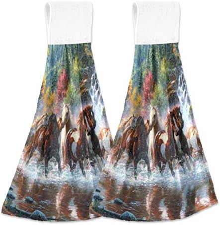 Emelivor Kitchen Hand Towels Hanging Loop Horses Running Super Absorbent Hand Dry Towels 12'' x 17'' Soft Dish Wipe Cloth for Home - Set of 2