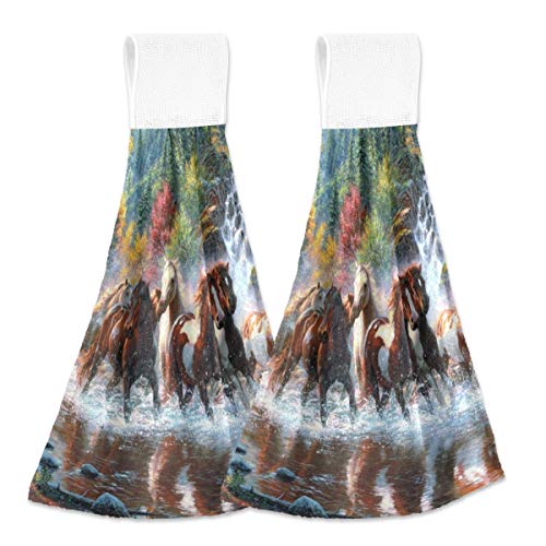 Emelivor Kitchen Hand Towels Hanging Loop Horses Running Super Absorbent Hand Dry Towels 12'' X 17'' Soft Dish Wipe Cloth For Home - Set Of 2 #TOP1