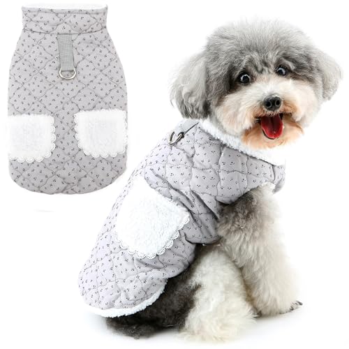 ZUNEA 犬服 秋 冬 ジャケット コート 小型犬 超小型犬 おしゃれ かわいい 花柄 ベスト ハーネス コート 冬服 Dリング付き 暖かい 防寒 フリース 裏地 ドッグウェア 洋服 ポケット付き あたたかい チワワ トイプードル服 お散歩 グレー L