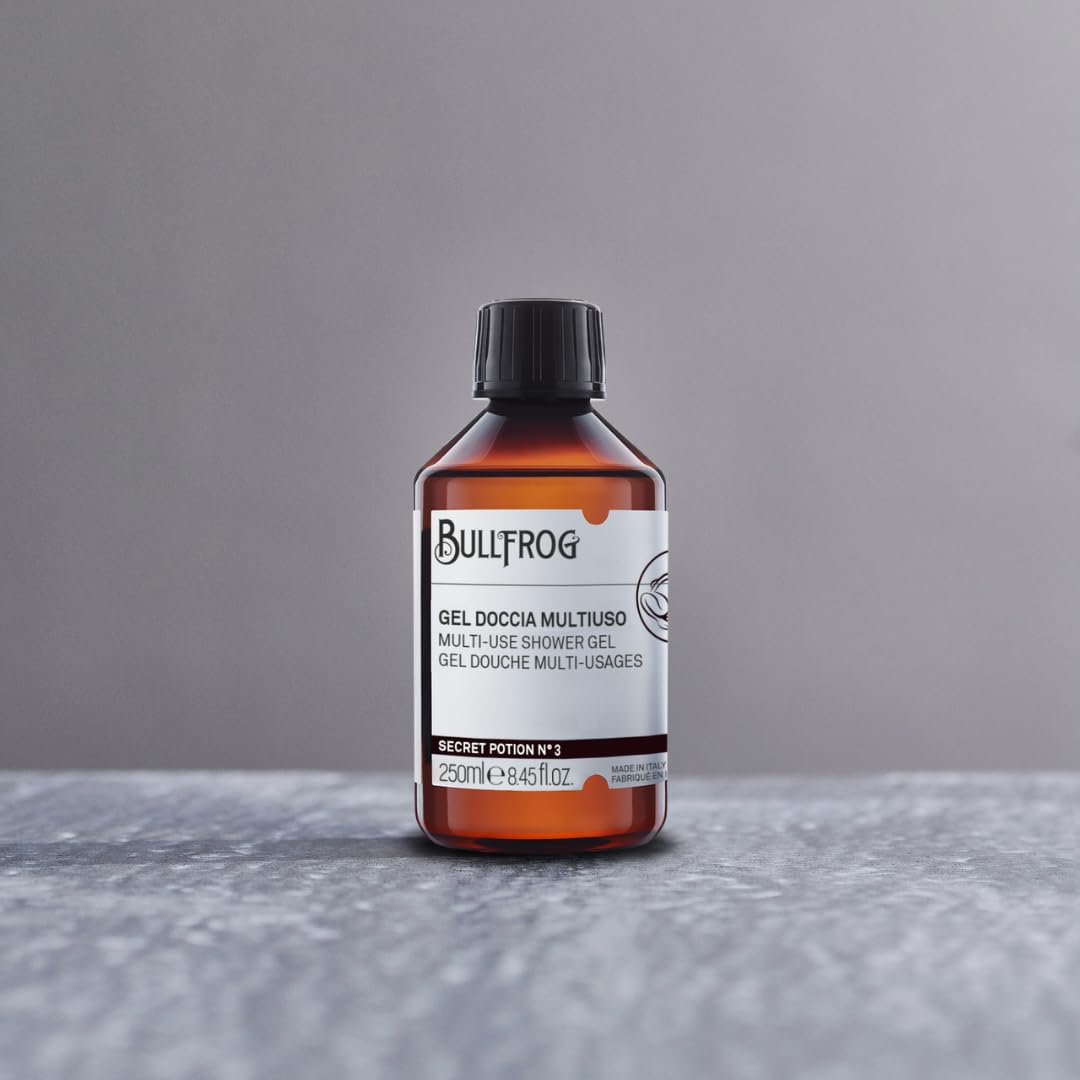 Bullfrog - Kit Everyday Essentials, Agnostico Balsamo Multifunzione Originale 100ml, Pasta Esfoliante Lavabarba 100ml, Gel Doccia Multiuso Secret Potion N.3 250ml