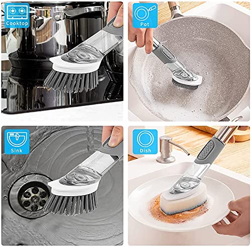 Foto von Spülbürste, Seifenspender Spülbürsten-Set mit 4 Ersatzköpfen und Aufbewahrungshalter, Küchen-Scheuerbürste für Spülbecken-Reinigung, Grau