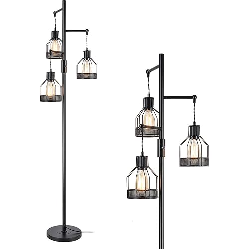 Jobtical 3 Lights Industrial Floor Lamp, Black Farmhouse Standing Lamp, Minimalist Metal Diamond Shades Tall Lamps, Rustic Edison Hanging LED Bulbs with On/Off Switch, Rustic Tall Clearance Lights