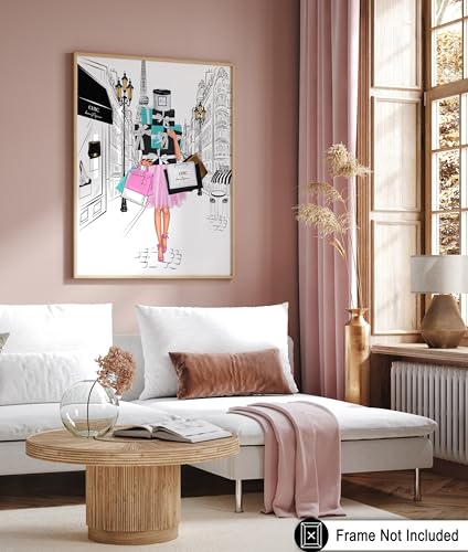 Image of Poster Master Fashion Poster - Lady with Shopping Bags Print - Trendy Art - Modern Art - Gift for Her & Fashionista - Luxury Haute Couture Decor for Bedroom or Girl's Room - 11x14 UNFRAMED Wall Art