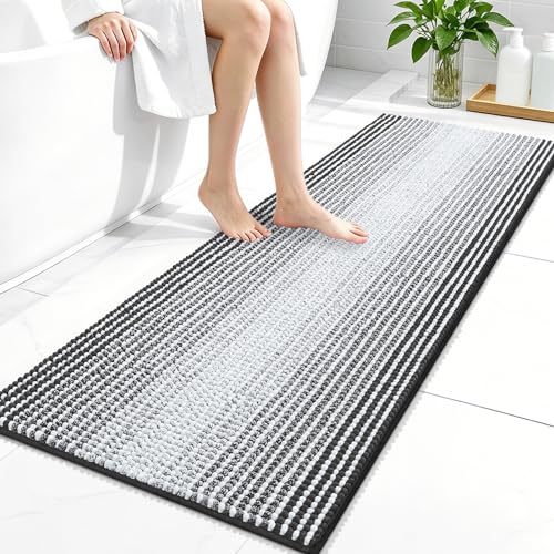 Image of OLANLY Bathroom Runner Rugs 47x20, Extra Soft Absorbent Chenille Striped Bath Rugs, Rubber Backing, Machine Wash Dry, Long Bath Mats for Bathroom, Tub, Shower, Home Decor Accessories, Dark Grey