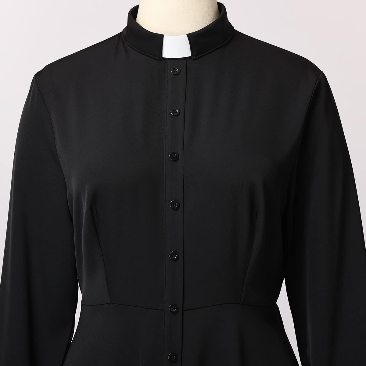 FAD-4U Church Clergy Dress for Women Long Sleeve Rows Buttons A Line Dress with Tab Collar