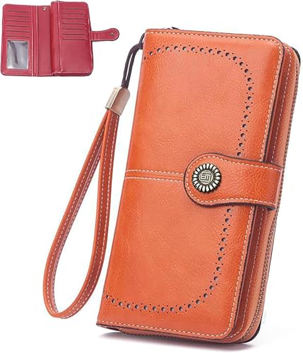 Civilizek/Beyonddraw Women's Fashion Zipper Wallet, Large Capacity Leather Clutch Purse (Orange)