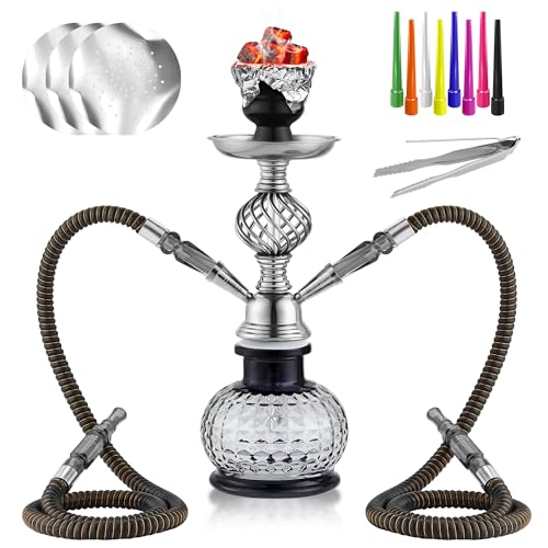 12'' Hookah Set 2 Hose Hookah Set With Everything - Modern Shisha Hookah Glass Vase Hollow-Carved, Hookah Foil, Hookah Tips (Black)