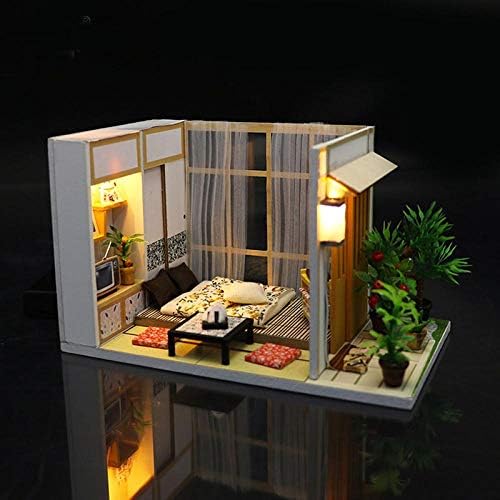 erhumama Miniature Japanese Tatami Room Dollhouse Wooden Puzzle Model Furniture Kits DIY Dolls House Lights Cat Birthday Gift For Kids