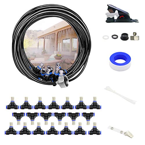 AmazeFan Misting Cooling System, Outdoor Water Mist Kit, 59FT (18M) Misting Line + 20 Mist Nozzles + Adapter (3/4") + 1 Teflon Tape + 1 Hose Washer Patio Garden Greenhouse Trampoline Water Mist