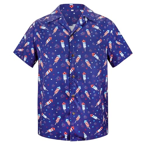 Century Star Mens Hawaiian Shirts Floral Casual Button-Down Shirts Short Sleeve Tropical Summer Shirts for Men Blue Fireworks Tube Large