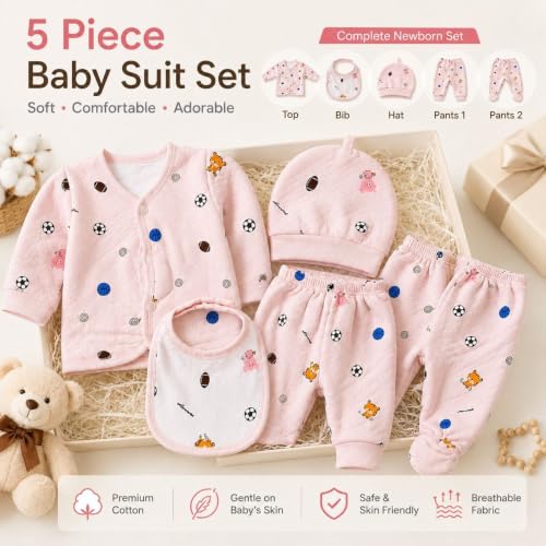 Image of Newborn Baby Clothes Set 0-3 Months, 5-Piece Cotton Clothing Set with Wrap Top, 2 Pants, Cap & Bib, Printed Dress for Baby Boys & Baby Girls, Pink