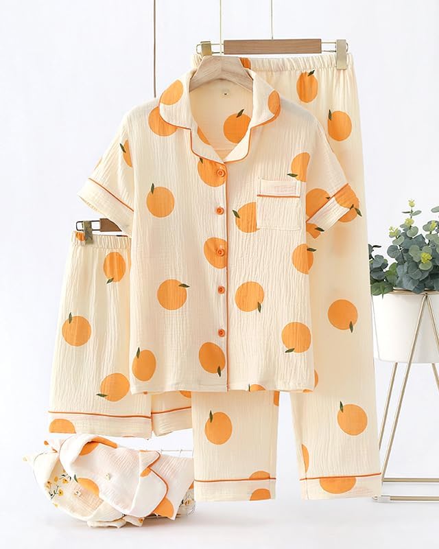 Womens 3pcs Cotton Pajamas Set Short Sleeve Sleepwear Fruit Print Cute Pj Set with Long Pants - Image 3