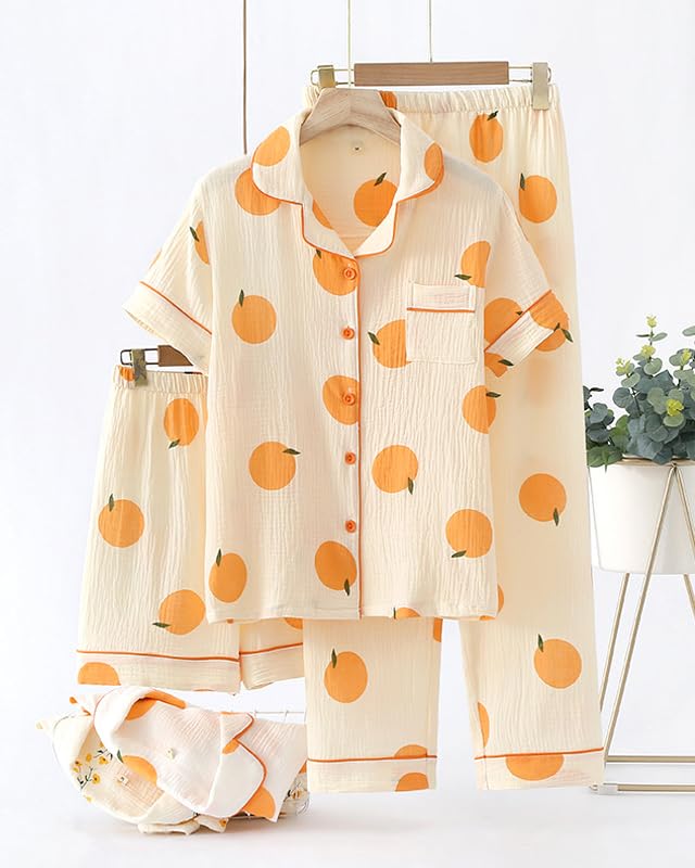 Image of codcm Womens 3pcs Cotton Pajamas Set Short Sleeve Sleepwear Fruit Print Cute Pj Set with Long Pants