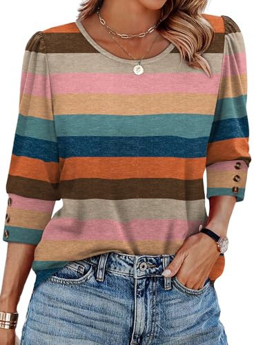 Fall Clothes for Women 3/4 Length Womens Tops Plus Size Fashion Clothing Dressy Casual Blouses Color Block Rainbow Striped Loose Fit Work Shirts L