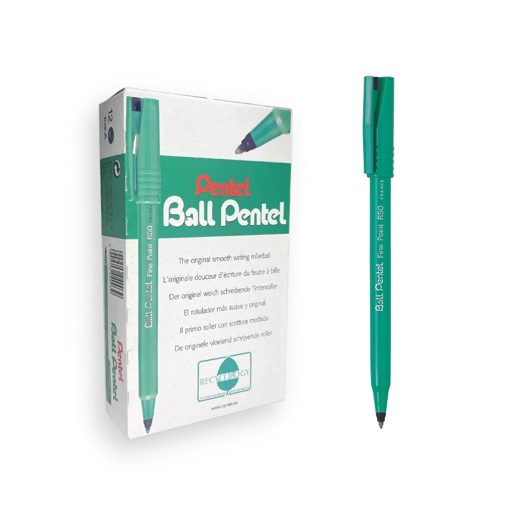 Pentel R50 Fina Rollerball Bolígrafo Paquete de 12 - Negro, 12