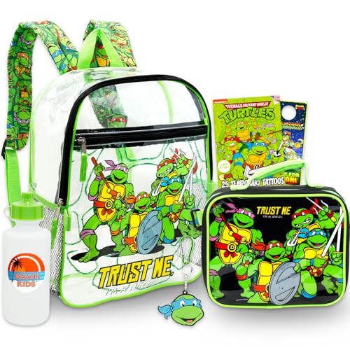 Teenage Mutant Ninja Turtles Backpack and Lunch Box Set - Bundle with 16 TMNT Transparent School Bag Lunch Bag Water Bottle Tattoos More | TMNT Clear Backpack for Boys Kids