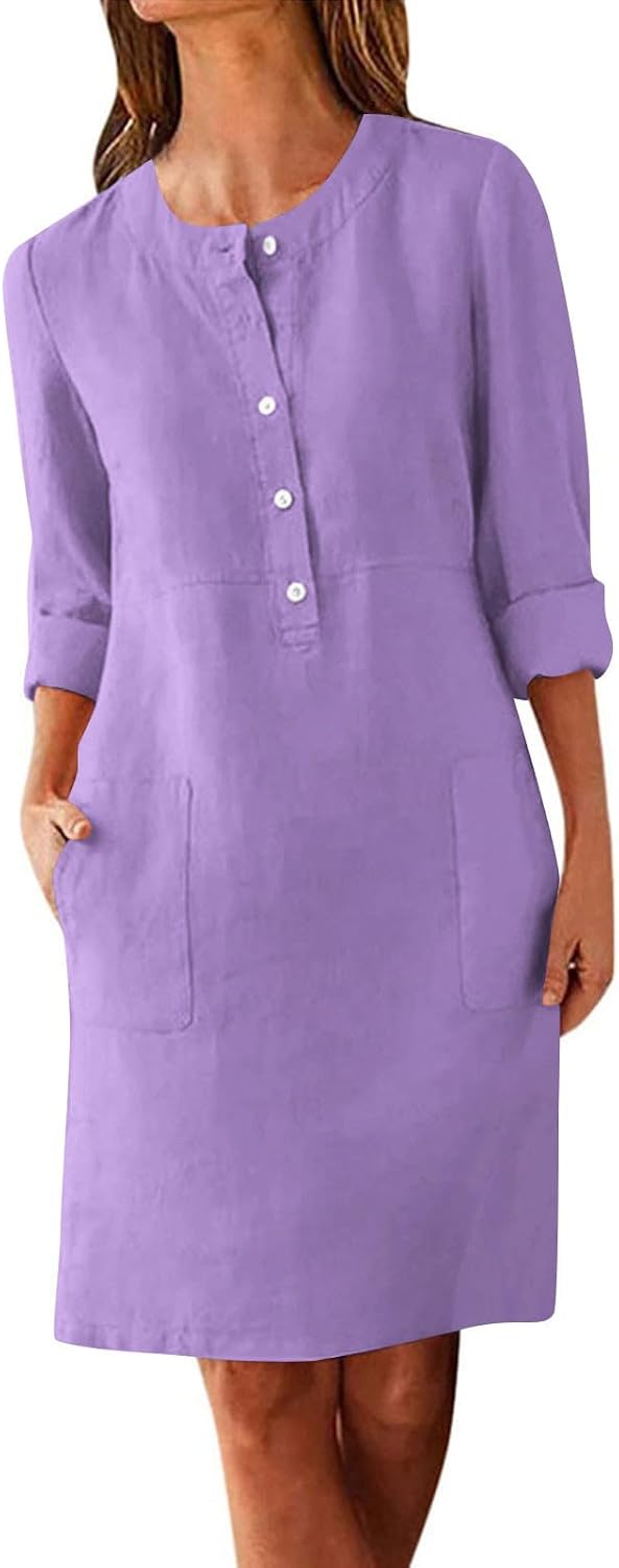 Boat Neck Linen for Women Fall Summer Short Sleeve Midi Knee Length Plain Dress Women 2026