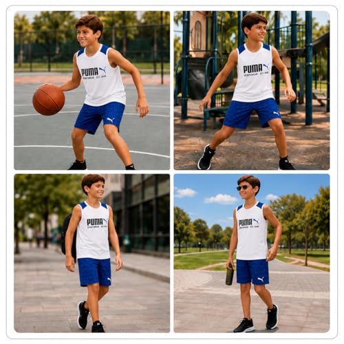 Image of PUMA Active Boys Shorts Set - 2 Piece Dry Fit Sleeveless Basketball Boys Athletic Shirts and Boy Shorts Matching Set (4-16)
