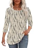 Womens T Shirts 3/4 Length Sleeve Boho Fall Tops Plus Size Dressy Casual Business Work Blouses Loose Fit Pleated Summer Outfits Beige XL