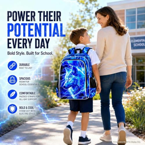 Image of 3Pcs Wolf Backpack for Boy, 17 inch Lightning Bookbag for Elementary Preschool Kindergarten, Kids School Backpacks with Lunch Box (Blue)