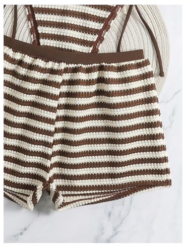 Image of RoseSeek Women's 3 Piece Striped Bikini Shorts Sets Knit Boyshort Swimsuit