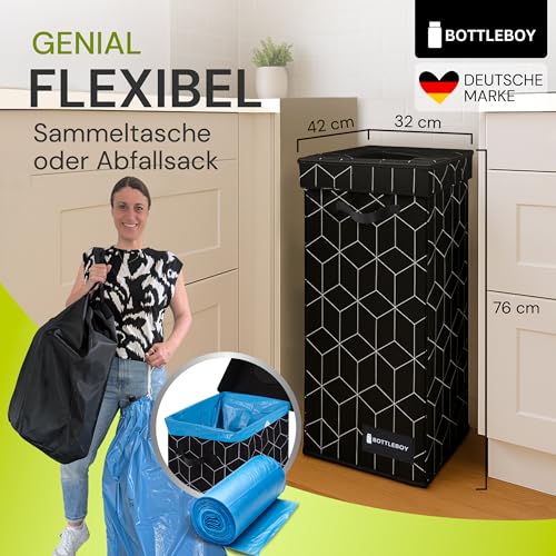 BOTTLEBOY Pfandflaschen Sammelbehälter - inkl. XXL-Tasche 100 L - Geruchsdichter Flaschensammler Leergut - Extra schmaler Pfandflaschen Behälter - Premium Magnet Pfandbehälter (Schwarz)