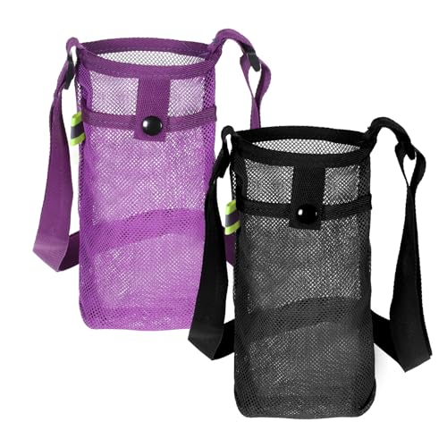 Aeaocvo 2 PCS Mesh Water Bottle Carrier with Shoulder Strap Water Bottle Holder with Adjustable Strap Bottles Sling Bag for Hiking Walking Camping Travel (Purple Black)
