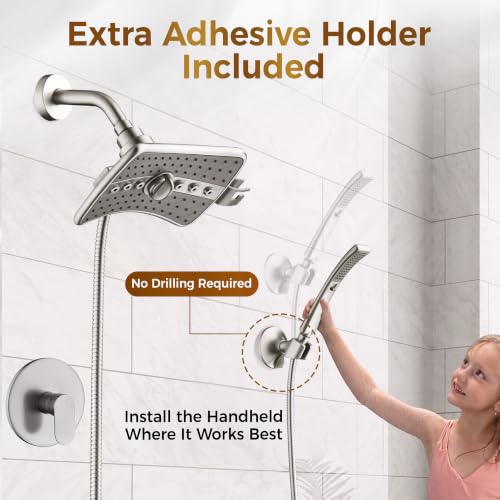 Image of BRIGHT SHOWERS Dual Shower Head System with Handheld and Rainfall Shower, Shower Faucet Set with Valve and Trim Kit, Includes 79-Inch Stainless Steel Hose, Brushed Nickel
