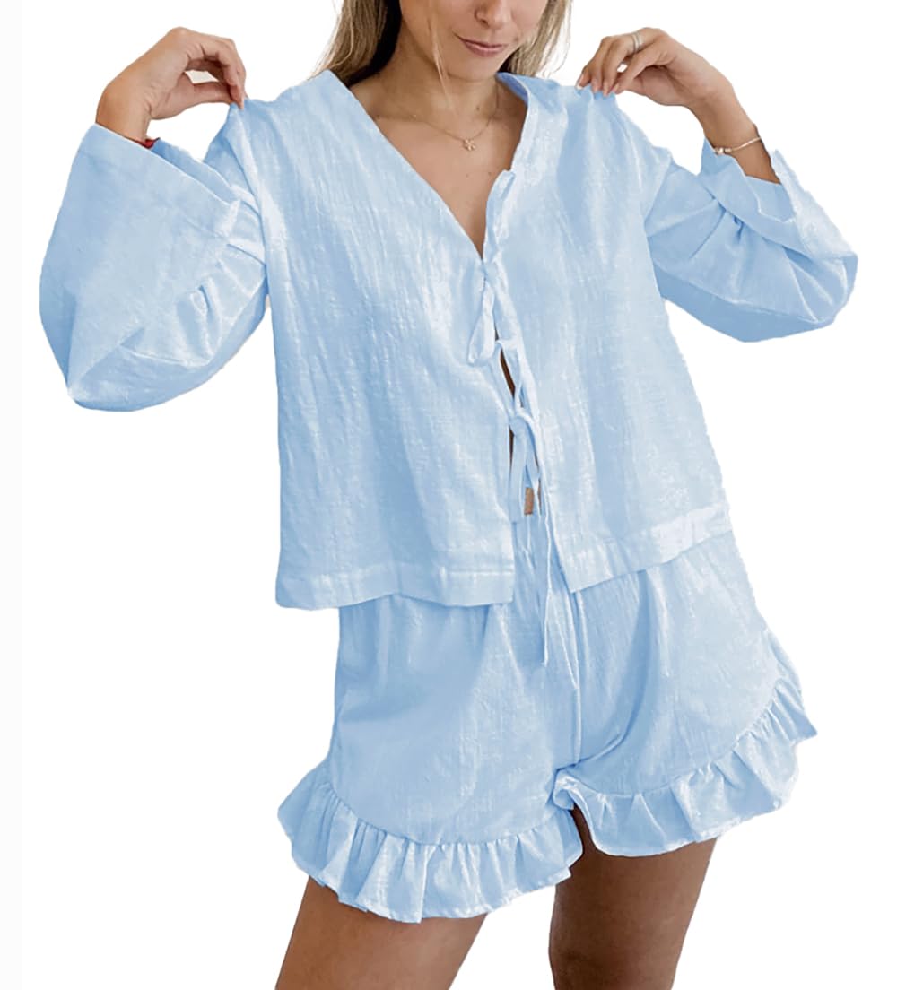 Xfileen Women Fashion 2 Piece Outfit Long Sleeve Tie Front Tops and Ruffled Shorts Cotton Pajamas Sets