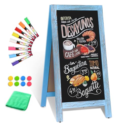 Image of Double-Sided Magnetic 40 inch x 20 inch Blue Chalk Board Sign Board | Wooden A-Frame Sign, Sandwich Board Signs Outdoor, Chalkboard Easel, Menu Board for Restaurant, Business or Wedding