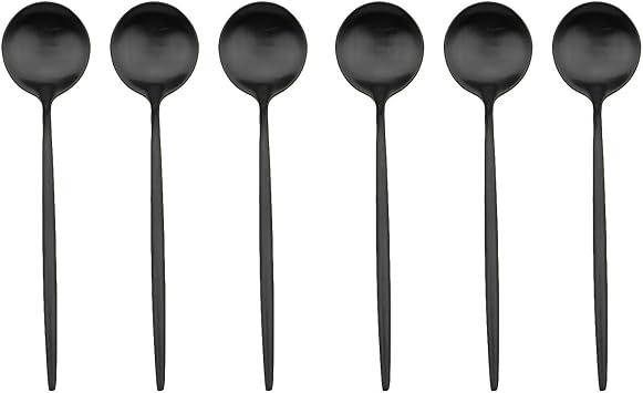 Black Flatware, Modern 6 Pieces Matte Pure Black 18/10 Stainless Steel Dessert Spoon Salad Spoon 7.2", Camping Cutlery Silverware Wedding Festival Christmas Party Utensils Set