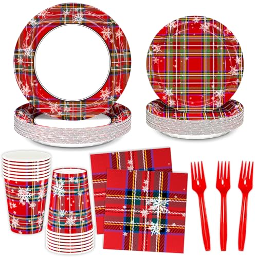 DYLIVeS Tartan Plaid with Snowflake Party Supplies, Tartan Plaid Decorations Disposable Dinnerware Set, Red and Green Plaid 9.2" Dinner Plates, 7" Dessert Plates, Napkins Cups Forks, Serves 24