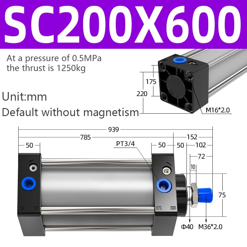 SC Cilindri Pneumatici SC200 Foro A Doppia Azione Cilindro Pneumatico Strumenti Grande Spinta Pistone 50/100/150/200/250/300/400/500/600/700mm 1 Pz(SC200X600)