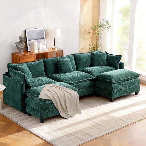 SoarFlash Sofá Moderno con reposabrazos, Tejido Chenilla, Cojines de Doble Relleno, Ideal para salón/Dormitorio/apartamento, sofá de Tres plazas + 2 Puff, Color Verde Oscuro