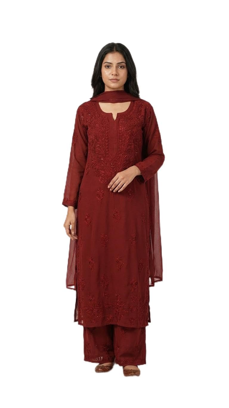 Chocolate Kurta Palazzo Dupatta 3pc Set for Women With Mukaish Work-image-20