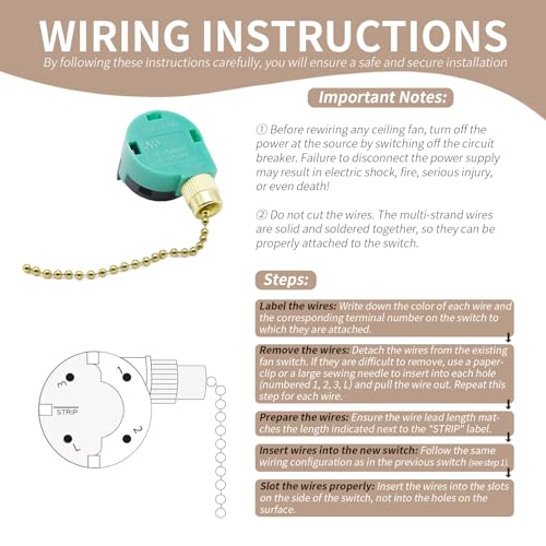 Image of Ceiling Fan Pull Chain Switch, 3-Speed 4-Wire Zing Ear ZE-268S6 Replacement Switch for Hunter, Hampton Bay, Harbor Breeze Ceiling Fans, Easy to Install (1PCS, Brass)
