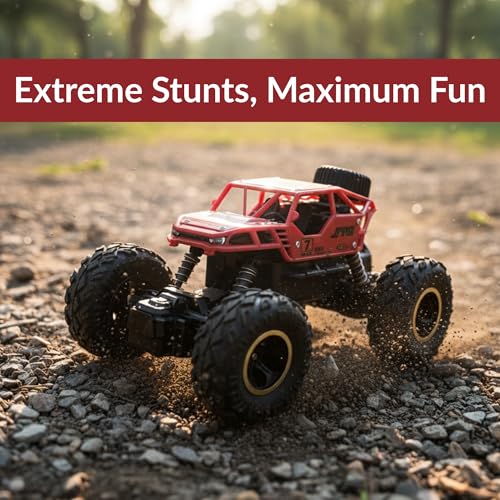 Image of Lilplay Monster Truck | Rechargeable Remote Control Car for Kids | Rock Crawler 5 Function 1:18 RC Car with Smoke | Offroad High Speed Rock Climbing Toys for Boys (Red)
