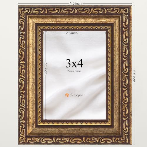 Image of eletecpro 3x4 Picture Frames Set of 2, Rustic Gold Frames with Glass Cover, Ornate Vintage Photo Frame Displays 3x4 Photo for Tabletop, Bronze Gold