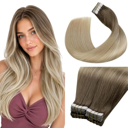 Image of LaaVoo Blonde Hair Extensions Tape in Human Hair 100G Tape in Hair Extensions Balayage Brown to Blonde Tapes on Hair Extension Human Hair Silky Straight for Women 20 Inch 40pcs