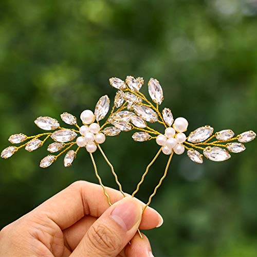 Fairvir Haarnadeln für Hochzeit, Brautschmuck, silberfarbene Blumen, Kristalle, Strass, Perlen, Haarschmuck für Frauen und Mädchen, 2 Stück, goldfarben Cover