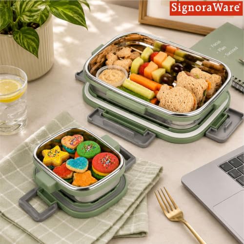 Image of SignoraWare Quickmeal Stainless Steel Big Lunch Box,(900ml+160ml, EGreen), Airtight & Leakproof, Portion Control, Easy to Carry, Ideal for Office, School, Kids & Travel