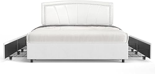 BONSOIR Base de cama tapizada de perfil bajo con cabecera capitoné y clavo no necesita somier 4 cajones extraíbles piel sintética blanca tamaño queen