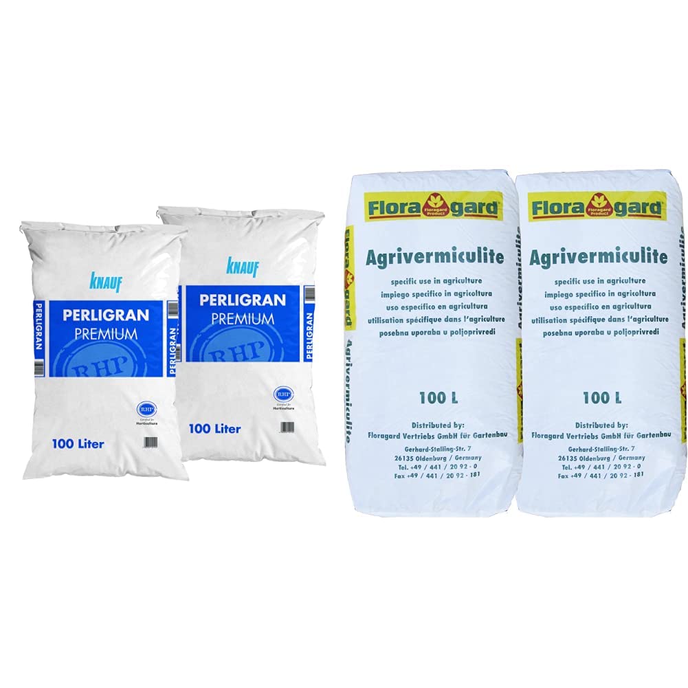 Knauf Gartenbau Perlite Perligran 2-6 mm 2x100 L • 200 L & Vermiculite 2x100 L Brutsubstrat für Reptilien in Terrarien Abdeckmaterial im Kübel gegen Unkrautbefall und Verdunstung • 200 L