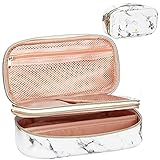 Makeup Brush Cosmetic Organizer Portable 2 layer Small Makeup Pouch Holder PU Leather Case with Carry Handle for Travel (Marble pattern)