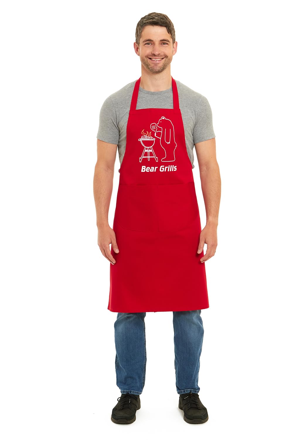 Tesmark Bear Grills Barbecue & Butcher Aprons for Men and Women with Pockets, One Size Plain Colour Versatile Novelty Aprons Ideal for Home, Kitchen, BBQ and Professional Use (Red)