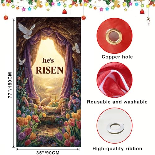 Image of Easter Door Cover 35.43 x 70.87 Inch Sunlit Floral Cave Entrance with Spring Landscape Draped Fabric Tulips and Doves Ideal for Seasonal Home Decoration and Easter Themed Door Display