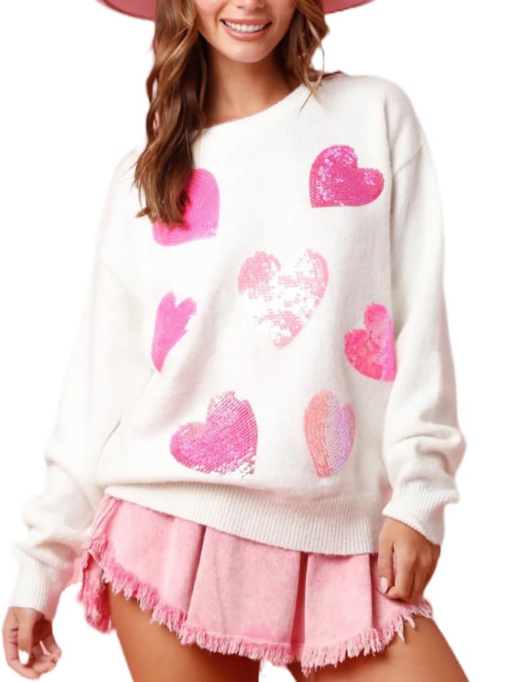 Cute Pink Heart Sweater for Women Knitted Love Sweaters Tops Holiday Outfits Crewneck Long Sleeve Pullover Shirts