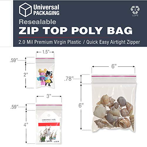 Universal Packaging 6 X 6 Inch Zip Top Resealable Clear Poly Plastic Storage Bags, 2.0 Mil, Reclosable, Ziplock, Zipper Lock Seal Travel Baggies (100 Bags) #TOP3