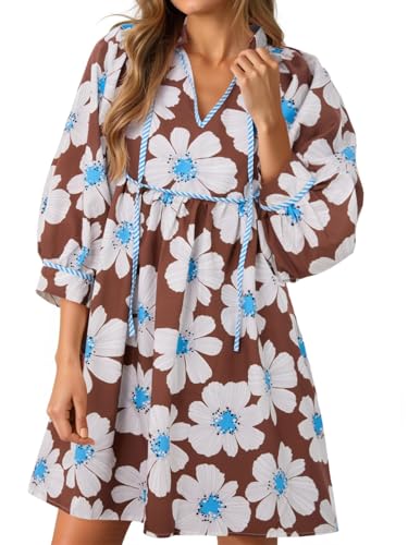 Image of Cicy Bell Womens Floral Mini Dresses 3 /4 Balloon Sleeve V Neck Flowy Babydoll Dress Summer Beach Vacation Boho Outfits