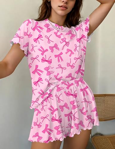 Image of Ekouaer Womens Pajamas 2 Piece Ribbed Knit Pjs Short Sleeve Sleepwear Set Summer Soft Pajamas Set Casual Lounge Sets